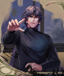 Rule 34 | 1boy, arm up, black hair, black shirt, bokujpjp, breasts, facing viewer, highres, indoors, kai (mukoubuchi), long sleeves, looking at viewer, male focus, money, mukoubuchi, open mouth, parted lips, purple eyes, shirt, sitting, smile, solo, wavy hair