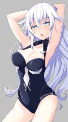Rule 34 | armpits, bare shoulders, black heart (neptunia), bodysuit, breasts, cleavage, exhausted, green eyes, iwashi dorobou -r-, long hair, medium breasts, neptune (series), noire (neptunia), open mouth, thighs, tsundere, white hair