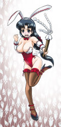 Rule 34 | 1girl, adapted costume, animal ears, bow, bowtie, breasts, cleavage, detached collar, fake animal ears, gohei, high heels, japanese clothes, large breasts, miko, nontraditional miko, oonusa, original, playboy bunny, rabbit ears, rabbit tail, shoes, solo, tail, thighhighs, wrist cuffs, yagisawa keiichi