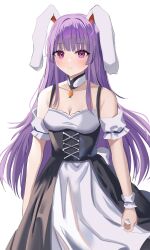 Rule 34 | 1girl, absurdres, alternate costume, animal ears, aohane, black dress, blush, bodice, bow, breasts, carrot necklace, choker, cleavage, commentary request, detached sleeves, dirndl, dress, german clothes, highres, jewelry, long hair, mole, necklace, purple hair, rabbit ears, red eyes, reisen udongein inaba, sleeveless, sleeveless dress, smile, solo, touhou, very long hair, white background, white bow, white dress, wrist cuffs