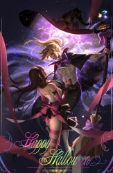 Rule 34 | 2girls, ass, aura, back bow, belt, blonde hair, bow, bowtie, broom, brown hair, buttons, cape, collar, d.va (overwatch), dark background, eye contact, facial mark, floating, frilled collar, frills, happy halloween, hat, high heels, highres, liang xing, long skirt, looking at another, looking down, magic, mercy (overwatch), multiple girls, overwatch, overwatch 1, pantyhose, parted lips, ribbon, skirt, striped legwear, whisker markings, witch, witch hat, yuri