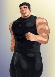 Rule 34 | 1boy, bandages, bara, black hair, highres, jogging, large pectorals, male focus, mature male, muscular, muscular male, original, pants, pectorals, smile, sweat, tank top, thick eyebrows, tight clothes, track pants, zeroru1111