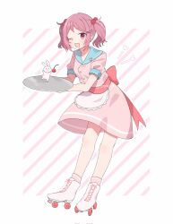 Rule 34 | 1girl, apron, blush, cherry, dress, food, fruit, full body, hair bobbles, hair ornament, heart, highres, holding, holding tray, kantai collection, looking at viewer, one eye closed, open mouth, pink dress, pink eyes, pink hair, rabbit, roller skates, sazanami (kancolle), short sleeves, short twintails, simple background, skates, tenyako (mirasato24), tray, twintails, twitter username, waist apron