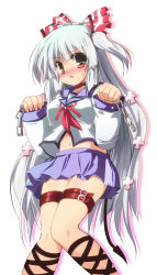 Rule 34 | 1girl, angel beats!, ankle lace-up, bad id, bad pixiv id, belt, bow, choker, cosplay, cross, cross-laced footwear, demon tail, female focus, fujiwara no mokou, hair bow, highres, long hair, miniskirt, red eyes, school uniform, sen (astronomy), serafuku, short twintails, silver hair, skirt, solo, tail, thigh strap, touhou, twintails, two side up, yui (angel beats!) (cosplay)