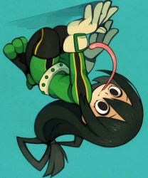 Rule 34 | 10s, 1girl, asui tsuyu, bad id, bad pixiv id, black eyes, black hair, blue background, bodysuit, boku no hero academia, bow-shaped hair, closed mouth, full body, furrowed brow, gloves, green bodysuit, hair between eyes, hair rings, highres, long hair, long tongue, low-tied long hair, smile, solo, squatting, tongue, tongue out, upside-down, yellow gloves, yukino super