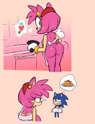 Rule 34 | 1boy, 1girl, absurdres, amy rose, apron, ass, back, bare back, blue fur, blue hair, blue skin, colored skin, completely nude, cooking, food, frying pan, furry, green eyes, hairband, heart, heart-shaped pupils, hetero, highres, huge ass, kitchen, looking back, medium hair, naked apron, naughty face, nude, pancake, pancake stack, pink fur, pink hair, pink skin, red hairband, seductive smile, sega, smile, sonic (series), sonic the hedgehog, sweatdrop, symbol-shaped pupils, tail, teenage boy, twitter bird