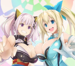 Rule 34 | 2girls, :d, asahi (fullmetal madness), asymmetrical docking, blonde hair, blue eyes, blue ribbon, breast press, breasts, cleavage, clenched teeth, commentary request, elbow gloves, gloves, hair ornament, hair ribbon, kaguya luna, large breasts, long hair, looking at viewer, mirai akari, mirai akari project, multiple girls, obi, open mouth, ponytail, purple eyes, ribbon, sash, short hair, silver hair, sleeveless, smile, teeth, the moon studio, twintails, upper body, virtual youtuber, white gloves