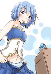 Rule 34 | 10s, 1girl, blue eyes, blue hair, dressing, fortissimo, hair ornament, magical girl, mahou shoujo madoka magica, mahou shoujo madoka magica (anime), mahou shoujo madoka magica movie 1 &amp; 2, matching hair/eyes, midriff, miki sayaka, mouth hold, musical note, musical note hair ornament, navel, panties, short hair, simple background, smile, solo, soul gem, striped clothes, striped panties, u u (mooooooou), underwear, undressing, unworn hair ornament