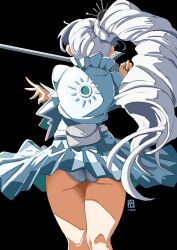 Rule 34 | 1girl, automatic giraffe, back, black background, cowboy shot, cropped jacket, dress, frilled skirt, frills, hair ornament, highres, holding, holding sword, holding weapon, panties, ponytail, puffy short sleeves, puffy sleeves, rwby, short sleeves, skirt, solo, sword, underwear, weapon, weiss schnee, white dress, white hair, white panties