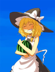 Rule 34 | 1girl, apron, bare shoulders, blonde hair, blush, braid, female focus, food, fruit, grin, happy, hat, holding, holding food, holding fruit, kannari, kirisame marisa, ribbon, sky, smile, solo, touhou, watermelon, witch, witch hat