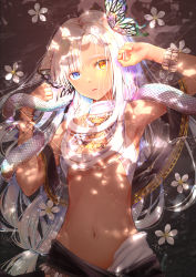 Rule 34 | 1girl, akasaka asa, arm up, armpits, bare shoulders, blue eyes, bug, butterfly, capelet, dark-skinned female, dark skin, flower, halterneck, hand up, heterochromia, highres, insect, long hair, looking at viewer, midriff, navel, orange eyes, original, parted lips, revealing clothes, snake, solo, stomach, tree shade, upper body, white flower, white hair