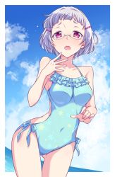 Rule 34 | 1girl, bare arms, bare shoulders, blue one-piece swimsuit, blue sky, breasts, cloud, cloudy sky, collarbone, covered navel, day, e20, floral print, frilled swimsuit, frills, glasses, hair intakes, hair ornament, hairclip, highres, horizon, looking at viewer, medium breasts, ocean, one-piece swimsuit, open mouth, original, outside border, print swimsuit, purple eyes, short eyebrows, silver hair, sky, solo, swimsuit, thick eyebrows
