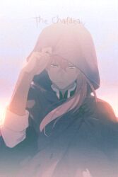 Rule 34 | 1boy, adjusting hood, brown cloak, cloak, closed mouth, commentary, crossed bangs, echo (circa), english text, fate/grand order, fate (series), goetia (fate), hair between eyes, hood, hood up, hooded cloak, lab coat, long hair, looking at viewer, male focus, orange hair, ponytail, romani archaman, solo, torn cloak, torn clothes, yellow eyes