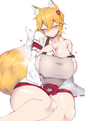 Rule 34 | 1girl, aged up, alternate breast size, animal ears, blonde hair, blush, breasts, chamchami, cleavage, curvy, fox, fox ears, fox girl, fox tail, highres, huge breasts, large breasts, looking at viewer, mature female, senko (sewayaki kitsune no senko-san), sewayaki kitsune no senko-san, short hair, sitting, solo, tail, thick thighs, thighs, white background, wide hips, yellow eyes