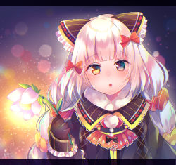Rule 34 | 1girl, animal ears, black jacket, blush, bow, brown bow, brown eyes, cat ears, commentary request, fang, flower, hair bow, hair ornament, hair scrunchie, head tilt, heterochromia, holding, holding flower, jacket, long hair, looking at viewer, nemuri nemu, original, parted lips, red bow, red scrunchie, scrunchie, silver hair, solo, striped, striped bow, upper body, very long hair, white flower, yellow scrunchie