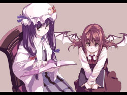 Rule 34 | 2girls, book, chair, dress, embodiment of scarlet devil, female focus, hat, head wings, koakuma, letterboxed, long hair, mob cap, multiple girls, patchouli knowledge, purple hair, red hair, shirt, sitting, sys, sys (suisei), touhou, white shirt, wings