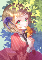 Rule 34 | 1girl, axis powers hetalia, blonde hair, bob cut, dress, female focus, flower, from above, green eyes, hatake hukuro, highres, holding, holding flower, juliet sleeves, leaf, liechtenstein (hetalia), long sleeves, looking at viewer, own hands together, puffy sleeves, smile, solo, striped clothes, striped dress, upper body