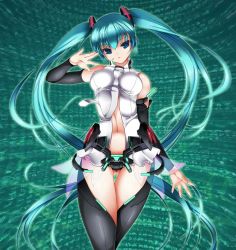 Rule 34 | 1girl, aqua hair, ashita yaru, blue eyes, breasts, elbow gloves, fingerless gloves, gloves, hatsune miku, hatsune miku (append), impossible clothes, impossible shirt, long hair, navel, necktie, no panties, shirt, solo, thighhighs, twintails, very long hair, vocaloid, vocaloid append