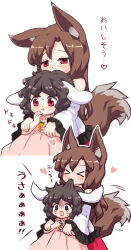 Rule 34 | &gt; &lt;, 2girls, 2koma, :3, animal ear fluff, animal ears, bebeneko, biting hair, black hair, blush, brown hair, carrot necklace, comic, commentary request, cowboy shot, crying, dress, floppy ears, frilled sleeves, frills, heart, highres, imaizumi kagerou, inaba tewi, jewelry, long bangs, long hair, long sleeves, looking at another, medium bangs, multiple girls, necklace, open mouth, pink dress, rabbit ears, rabbit girl, red eyes, red shirt, shirt, short hair, simple background, streaming tears, tail, tears, touhou, translation request, wavy hair, white background, white shirt, wide sleeves, wolf ears, wolf girl, wolf tail