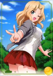 Rule 34 | 1girl, ;d, absurdres, black necktie, blazer, blonde hair, blue eyes, blue sky, card (medium), character name, cloud, collared shirt, cowboy shot, day, girls und panzer, hair intakes, highres, jacket, kay (girls und panzer), leaning forward, lens flare, long hair, long sleeves, looking at viewer, miniskirt, necktie, one eye closed, open clothes, open jacket, open mouth, outdoors, pleated skirt, red skirt, saunders school uniform, school uniform, shirt, skirt, sky, smile, solo, standing, v, white shirt, wing collar