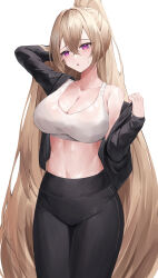 Rule 34 | 1girl, absurdres, black jacket, black pants, black survival, blonde hair, breasts, character request, cleavage, collarbone, commentary request, cowboy shot, crop top, head tilt, highres, jacket, large breasts, leggings, long hair, long sleeves, mea (hwaksal), midriff, navel, open clothes, open jacket, pants, parted lips, ponytail, purple eyes, simple background, single bare shoulder, solo, sports bra, standing, stomach, thighs, very long hair, white background