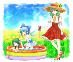 Rule 34 | 3:, 3girls, :d, adapted costume, alternate hairstyle, animal ears, antennae, bird, border, breasts, casual one-piece swimsuit, child, cirno, closed eyes, dress, fading border, faux traditional media, field, flower, flower field, frills, green eyes, green hair, hair ornament, hairclip, happy, hat, high heels, ice, kazami yuuka, medium breasts, mozukuzu (manukedori), multiple girls, mystia lorelei, mystia lorelei (bird), nature, one-piece swimsuit, one eye closed, open mouth, plaid, plaid dress, ponytail, ribbon, sandals, seed, shoes, smile, straw hat, sunflower, sunflower field, swimsuit, touhou, wading pool, water, wings, wink, wriggle nightbug