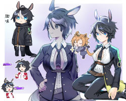 Rule 34 | 2girls, absurdres, ahoge, animal ears, arm at side, belt, black coat, black hair, black jacket, black necktie, black pants, blue eyes, border, breasts, center frills, chibi, coat, collared shirt, commentary request, frills, fuji kiseki (umamusume), gradient background, hand on own hip, highres, horse ears, horse girl, horse tail, jacket, kneeling, long hair, looking at viewer, looking to the side, medium breasts, michia (bourgognepony), multiple girls, multiple views, necktie, open clothes, outside border, pants, shirt, short hair, smile, sparkle, standing, standing on one leg, t.m. opera o (umamusume), tail, thighhighs, track jacket, umamusume, white border, white shirt