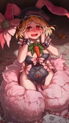 Rule 34 | 1girl, absurdres, animal costume, animal ears, beret, blonde hair, blush, card, carrot, commentary request, commission, cosplay, cuff links, emmanuelle love, fluffy, full body, hat, highres, leotard, looking at viewer, march hare (monster girl encyclopedia), melaton, monster girl, monster girl encyclopedia, open mouth, original, playboy bunny, rabbit ears, rabbit girl, red eyes, skeb commission, smile, solo, tail