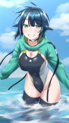 Rule 34 | 1girl, awono nanaumi, black one-piece swimsuit, black thighhighs, blue hair, breasts, competition swimsuit, cropped jacket, fukami nana (awono nanaumi), green eyes, green jacket, grin, hair flaps, highleg, highleg swimsuit, highres, hood, hooded jacket, hoodie, jacket, large breasts, looking at viewer, multicolored clothes, multicolored swimsuit, one-piece swimsuit, original, short hair, smile, soaking feet, solo, swimsuit, thighhighs, water
