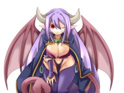 Rule 34 | 1girl, alma elma, black panties, blue cloak, bmp-to-png conversion, breast tattoo, breasts, bridal gauntlets, cleavage, cloak, closed mouth, demon girl, demon horns, demon wings, facial tattoo, frfr, game cg, grey horns, hair between eyes, hand on own elbow, highleg, highleg panties, horns, large breasts, leaning forward, leg tattoo, long hair, looking at viewer, mon-musu quest!, monster girl, non-web source, one eye closed, panties, pointy ears, purple bridal gauntlets, purple hair, purple thighhighs, red eyes, simple background, smile, solo, standing, tail, tattoo, thighhighs, transparent background, underwear, very long hair, wings