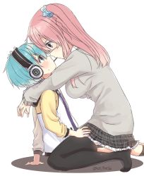 Rule 34 | 1boy, 1girl, age difference, black thighhighs, blue eyes, blue hair, blush, child, food, hetero, imminent kiss, jacket, long hair, nei (os), one side up, original, os (os fresa), pink hair, plaid, plaid skirt, pocky, pocky kiss, profile, purple eyes, scrunchie, shared food, simple background, skirt, souta (os), straddling, thighhighs, twitter username, white background