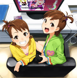 Rule 34 | 00s, 2girls, :d, brown eyes, brown hair, casual, controller, crossover, downblouse, flipped hair, futami ami, futami mami, game console, game controller, grin, hair bobbles, hair ornament, idolmaster, idolmaster (classic), kirisame marisa, looking at viewer, looking back, multiple girls, open mouth, perfect cherry blossom, playing games, playstation 2, short hair, shue, siblings, side ponytail, sisters, sitting, smile, sony, touhou, touhou user interface, video game, yakumo yukari, zun (artist)
