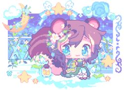 Rule 34 | 1girl, :3, animal ears, black footwear, black ribbon, blonde hair, blue eyes, blue flower, blue rose, border, braid, brown hair, chibi, closed mouth, cloud, commentary, crescent moon, cross-laced clothes, cross-laced sleeves, cup, dress, drink, flower, full body, green dress, green sleeves, green tea, hair flower, hair ornament, holding, holding drink, knees up, leg ribbon, light blush, long hair, long sleeves, looking at viewer, medium dress, moon, multicolored hair, night, night sky, original, pantyhose, pixel art, puffy long sleeves, puffy sleeves, railing, ribbon, rose, shoes, single braid, sitting, sky, smile, solo, squirrel ears, squirrel tail, star (sky), star (symbol), steam, streaked hair, symbol-only commentary, tail, tea, uki (ukierr), white border, white flower, white pantyhose, yunomi