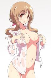 Rule 34 | 1girl, arched back, blush, bottomless, breasts, brown eyes, brown hair, commentary, cowboy shot, dress shirt, hands on own chest, highres, large breasts, long sleeves, looking at viewer, matsumoto yoriko, mel (melty pot), naked shirt, navel, open clothes, open mouth, open shirt, pink scrunchie, scrunchie, see-through, shirt, simple background, smile, solo, standing, wet, wet clothes, wet shirt, white background, white shirt, yuyushiki