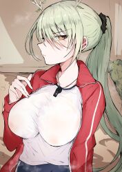 Rule 34 | antlers, blush, breasts, ceres fauna, covered erect nipples, green hair, gym, highres, hololive, hololive english, horns, jumpsuit, large breasts, long hair, looking at viewer, mole, mole under eye, nipples, no bra, ponytail, red jumpsuit, sak1 01, see-through, shirt, shorts, sportswear, sweat, sweaty clothes, teacher, very sweaty, virtual youtuber, whistle, whistle around neck, white shirt, yellow eyes