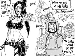 Rule 34 | 1boy, 1girl, 2boys, absurdres, armor, astra militarum, asymmetrical clothes, asymmetrical pants, bb (baalbuddy), belt, bonk, bound, breasts, choker, cleavage, clothing cutout, commentary, crop top, crying, ear piercing, eldar, english commentary, english text, greyscale, helmet, high ponytail, highres, large breasts, leather, leather pants, linea alba, midriff, monochrome, multiple boys, navel, orc, ork (warhammer), pants, piercing, pointy ears, pouch, pubic tattoo, scar, scar across eye, sheath, sheathed, shoulder armor, shoulder spikes, speech bubble, speed lines, spikes, tattoo, tears, thong, tied up (nonsexual), toned, tsundere, tusks, warhammer 40k