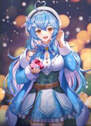 Rule 34 | 1girl, bare shoulders, blue hair, breasts, cleavage, flower, hair flower, hair ornament, hat, hc (razel1), highres, hololive, large breasts, long hair, looking at viewer, pointy ears, solo, valentine, virtual youtuber, yellow eyes, yukihana lamy