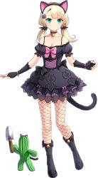 Rule 34 | 1girl, animal ears, aqua eyes, artwhirl mahou gakuen no otome-tachi, asymmetrical bangs, bell, black collar, black dress, black footwear, black gloves, black hairband, blonde hair, blunt bangs, bow, breasts, cactus, cat ears, cat tail, cleavage, collar, collarbone, dress, elbow gloves, emerane, fake animal ears, fingerless gloves, fishnets, floria (artwhirl), full body, gloves, hairband, highres, jingle bell, long hair, low twintails, medium breasts, off-shoulder dress, off shoulder, pink bow, short dress, short sleeves, solo, standing, tachi-e, tail, transparent background, twintails