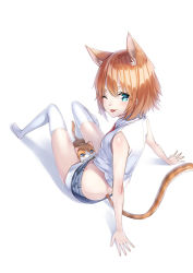 Rule 34 | 1girl, ;p, animal ears, aqua eyes, arm support, between thighs, cat, cat ears, cat tail, from behind, leaning back, looking back, midriff, necktie, one eye closed, orange hair, original, short shorts, shorts, simple background, sitting, solo, tail, thighhighs, tongue, tongue out, unowen, white background, white thighhighs, wink
