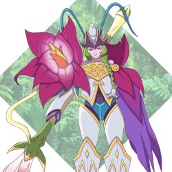 Rule 34 | 1girl, absurdres, armor, bloomlordmon, blue eyes, digimon, female focus, green hair, highres, personification, petals, solo
