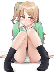 1girl absurdres black_socks blush brown_eyes cardigan collared_shirt deko_isu full_body gyaru highres idolmaster idolmaster_cinderella_girls light_brown_hair long_hair looking_at_viewer morikubo_nono one_side_up panties parted_lips scrunchie shirt sitting socks solo underwear wavy_mouth white_panties