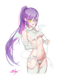 Rule 34 | 1girl, absurdres, bare shoulders, breasts, chaciooh, crop top, cropped legs, demon tail, demon wings, detached sleeves, ear piercing, earrings, fang, garter straps, green eyes, highres, hololive, jewelry, long hair, long sleeves, looking at viewer, medium breasts, meme attire, mini wings, multicolored hair, navel, navel piercing, no bra, open mouth, panties, piercing, pink hair, ponytail, pulling own clothes, purple hair, revealing clothes, ribbed panties, ribbed shirt, ribbed sleeves, ribbed thighhighs, shirt, side-tie panties, sidelocks, simple background, sleeveless, sleeveless shirt, sleeveless turtleneck, smile, solo, stomach, strap pull, streaked hair, string panties, tail, thighhighs, thighs, tokoyami towa, turtleneck, two-tone hair, underboob, underwear, v-shaped eyebrows, very long hair, virgin destroyer sweater, virtual youtuber, white background, white panties, white shirt, white thighhighs, wings