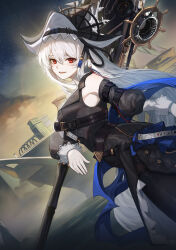 Rule 34 | 1girl, absurdres, arknights, bare shoulders, black dress, chainsaw, circular saw, commentary, dress, from side, hat, head tilt, highres, holding, holding chainsaw, long sleeves, looking at viewer, looking to the side, molyb, open mouth, outdoors, over shoulder, red eyes, saw, ship, sky, smile, solo, specter (arknights), specter the unchained (arknights), star (sky), starry sky, watercraft, weapon, weapon over shoulder, white hair