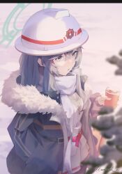 Rule 34 | 1girl, black coat, black pantyhose, blue archive, coat, cowboy shot, cup, fur-trimmed coat, fur trim, green halo, grey eyes, grey hair, hair between eyes, halo, hard hat, helmet, highres, holding, holding cup, long hair, long sleeves, minori (blue archive), open clothes, open coat, pantyhose, parted lips, pleated skirt, scarf, skirt, solo, twitter username, unreal es, white headwear, white scarf, white skirt
