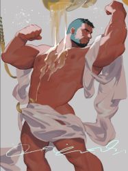 Rule 34 | 1boy, abs, ancient greek clothes, atcesolcyc, bara, bare pectorals, beard, biceps, black hair, cloth, expressionless, facial hair, feet out of frame, flexing, food on body, greco-roman clothes, honey, large pectorals, light, looking to the side, male focus, muscular, muscular male, nantaimori, navel, nipples, original, pectorals, sash, sexually suggestive, short hair, solo, spilling, stomach, thick thighs, thighs, veins