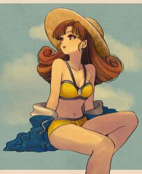 Rule 34 | 1girl, alena (dq4), bikini, breasts, cloud, cloudy sky, curly hair, dragon quest, dragon quest iv, earrings, hat, highres, jacket, jacket partially removed, jewelry, long hair, navel, okita (sukult 4), orange hair, parted lips, pink lips, purple eyes, sitting, sky, solo, sun hat, swimsuit, yellow bikini, yellow swimsuit