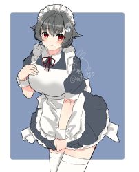 Rule 34 | 1girl, alternate costume, apron, artist logo, black dress, black hair, blue background, border, cowboy shot, dress, enmaided, frilled apron, frills, hair flaps, hair ornament, hairclip, highres, jingei (kancolle), kantai collection, leaning forward, long hair, looking at viewer, low ponytail, maid, maid apron, maid headdress, mochizou, one-hour drawing challenge, red eyes, simple background, solo, thighhighs, twitter username, two-tone background, white apron, white border, white thighhighs, wrist cuffs