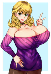 Rule 34 | &gt;:), 1girl, absurdres, bare shoulders, bleached hair, blonde hair, breasts, choker, cleavage, commission, covered erect nipples, covered navel, dress, green eyes, hand on own hip, highres, huge breasts, impossible clothes, impossible dress, kaga kasama, looking at viewer, pandora peaks, pantyhose, real life, red lips, skeb commission, two-tone background, v, v-shaped eyebrows