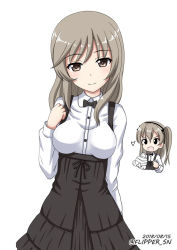 Rule 34 | 10s, 2girls, arm behind back, black neckwear, black ribbon, black skirt, boko (girls und panzer), bow, bowtie, brown eyes, casual, clenched hand, closed mouth, collared shirt, commentary, cosplay, dated, flipper, girls und panzer, hair ribbon, heart, high-waist skirt, holding, holding stuffed toy, layered skirt, light brown hair, long hair, long sleeves, looking at viewer, mature female, medium skirt, mother and daughter, multiple girls, one-hour drawing challenge, ribbon, shimada arisu, shimada arisu (cosplay), shimada chiyo, shirt, side ponytail, simple background, skirt, smile, stuffed animal, stuffed toy, suspender skirt, suspenders, teddy bear, twitter username, upper body, white background, white shirt