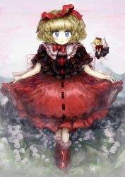 Rule 34 | 2girls, black skirt, blonde hair, blue eyes, blush, bow, bowtie, bubble skirt, clothes lift, flower, fog, frilled shirt, frilled shirt collar, frilled sleeves, frills, highres, legs, legs together, light smile, lily of the valley, medicine melancholy, mini person, minigirl, multiple girls, nameless hill, puffy short sleeves, puffy sleeves, red bow, red bowtie, red ribbon, red shirt, red skirt, ribbon, shirt, short hair, short sleeves, si toyaka, skirt, skirt lift, standing, su-san, touhou, wavy hair